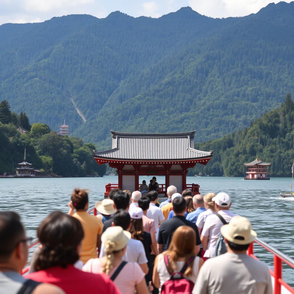 Du khách đang đi thuyền trên hồ Ashi để đến thăm Đền Kuzuryu Jinja, với khung cảnh núi non hùng vĩ bao quanh.